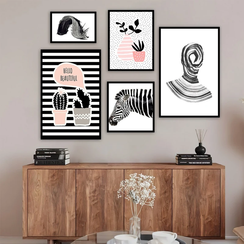 تابلو بکلیت طرح زبرا و نقاشی مینیمال مدل B-750 مجموعه 5 عددی