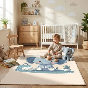 فرش ماشینی 1000 شانه زمینه کرم حاشیه طوسی اورکوم مدل نانو چاپ بدون پرز طرح اتاق کودک کد kids.9017.01