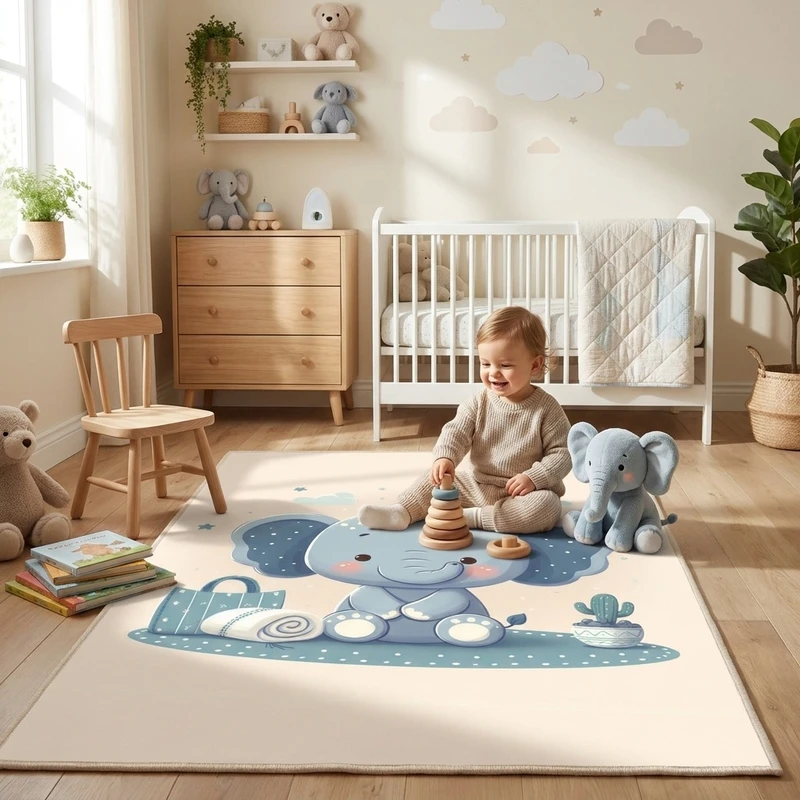 فرش ماشینی 1000 شانه زمینه کرم حاشیه طوسی اورکوم مدل نانو چاپ بدون پرز طرح اتاق کودک کد kids.9017.01