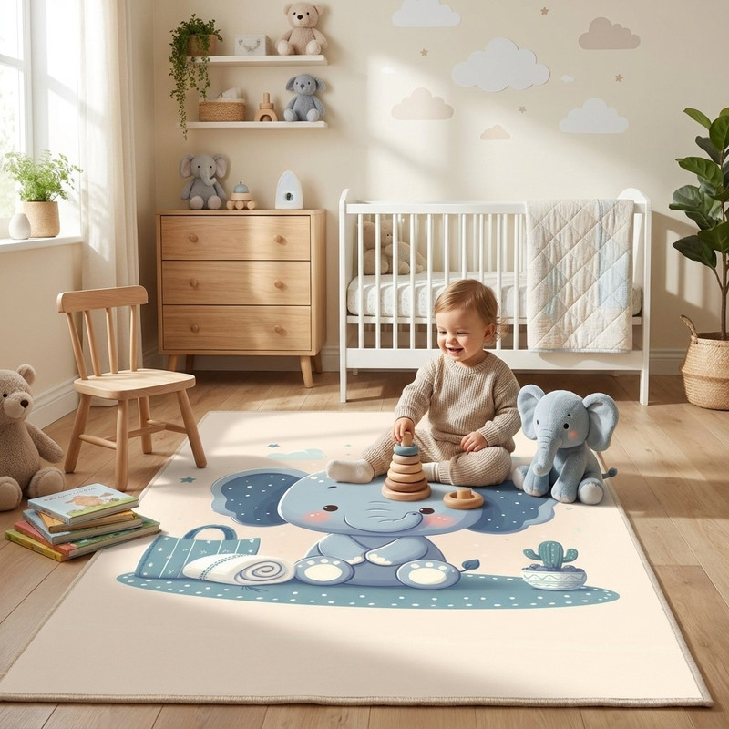 فرش ماشینی 1000 شانه زمینه کرم حاشیه طوسی اورکوم مدل نانو چاپ بدون پرز طرح اتاق کودک کد kids.9017.01