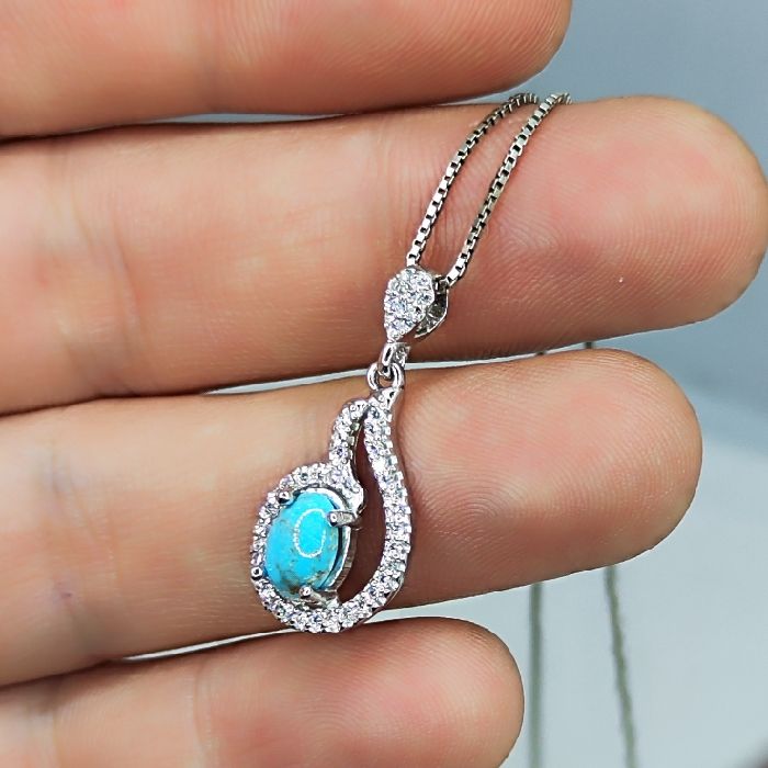 گردنبند نقره زنانه مدل سنگ فیروزه نیشابور آبکاری رادیوم کد 94006 -  - 5