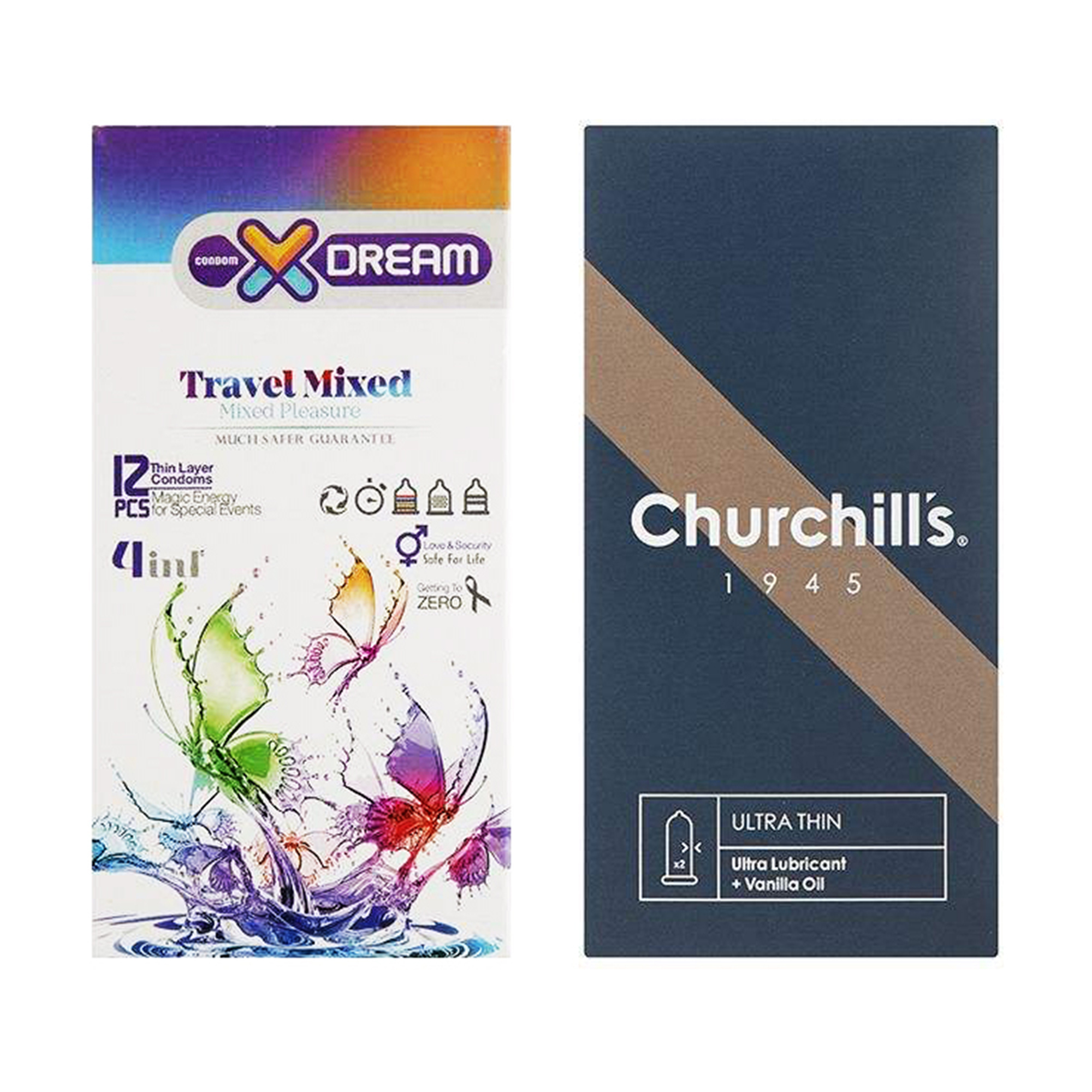 کاندوم چرچیلز مدل Ultra Thin بسته 12 عددی به همراه کاندوم ایکس دریم مدل Travel Mixed بسته 12 عددی