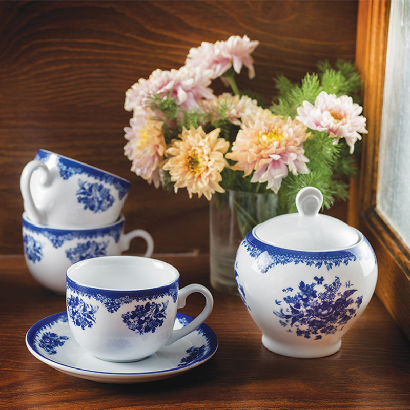 ست فنجان نعلبکی 12 پارچه چینی زرین ایران مدل چای خوری ایتالیا اف 8 فلورانس سرمه ای درجه 3