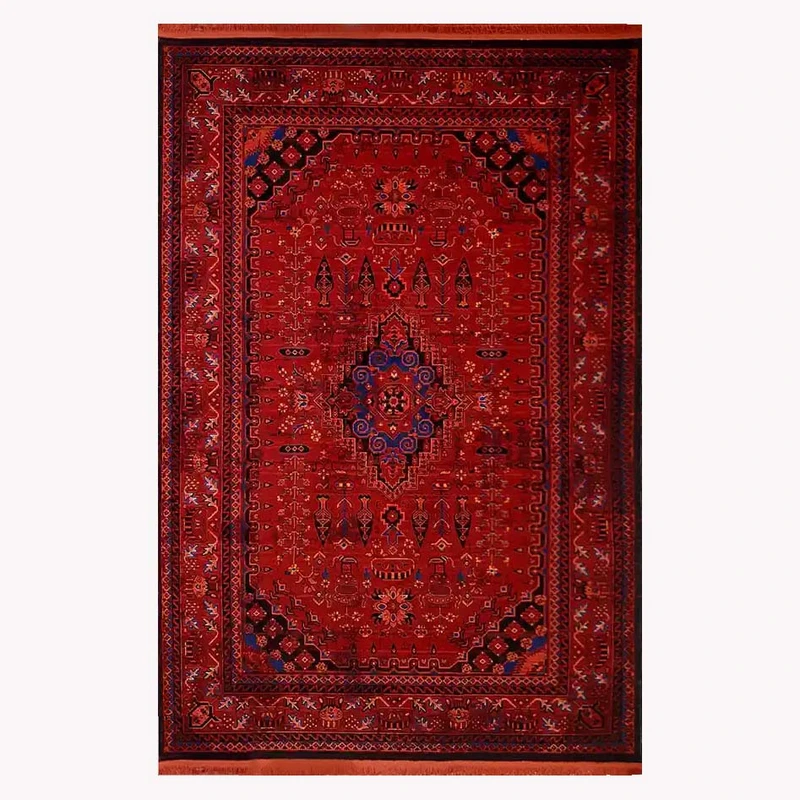 فرش ماشینی برند کرامتیان 700شانه زمینه آبی حاشیه لاکی طرح بلوچی کد 4123B 