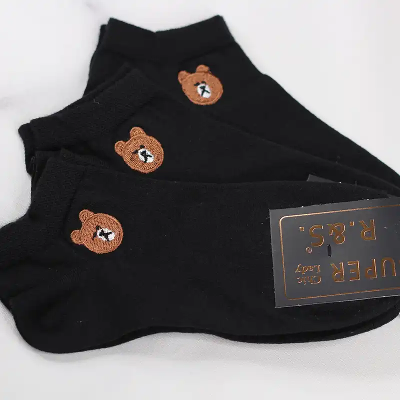 جوراب ساق کوتاه زنانه مدل  گلدوزی طرح تدی کد sow156-18 رنگ مشکی