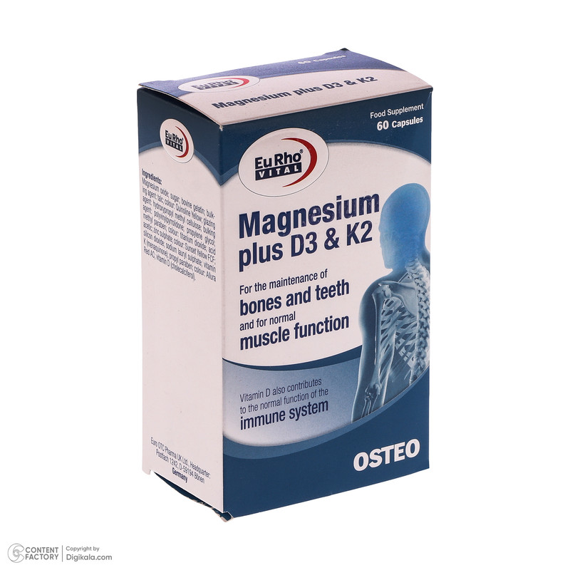 کپسول منیزیم پلاس د3 و کا2 یوروویتال بسته 60 عددی