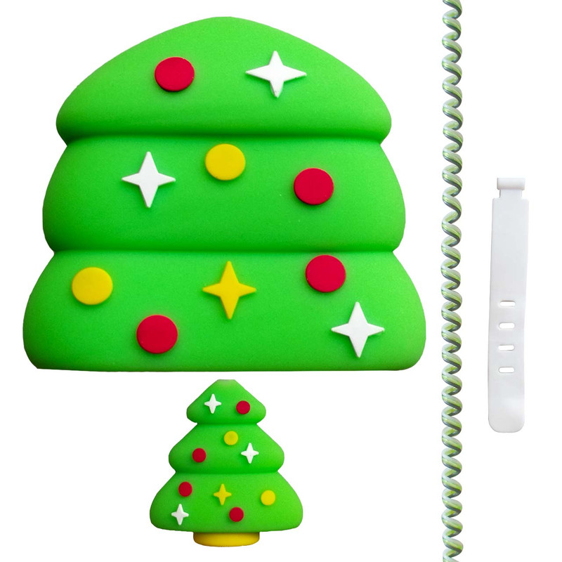 محافظ کابل فانتزی طرح درخت کریسمس مدل christmas tree به همراه محافظ شارژر دیواری مجموعه 4 عددی