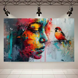 پوستر پارچه ای طرح مخمل نقاشی مدل زن و پرنده کد AR3058596