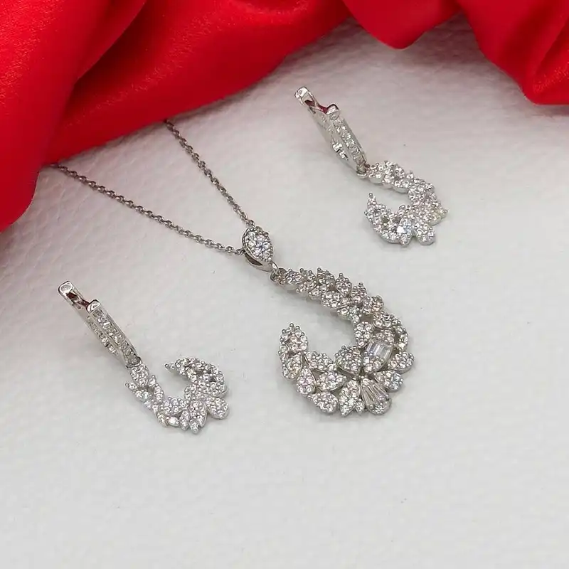 نیم ست نقره زنانه مدل گل جواهری کد 03