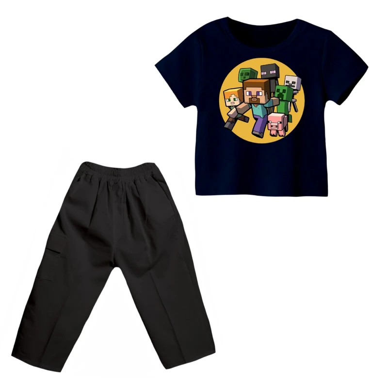 ست تی شرت و شلوارک پسرانه مدل ماینکرفت کد 3 رنگ سرمه ای