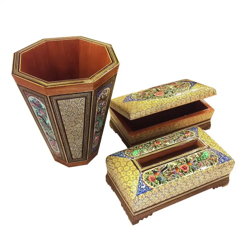 ست سه تکه جعبه دستمال کاغذی و جعبه کاردو چنگال و سطل خاتم کاری مدل گل و مرغ کد 0028