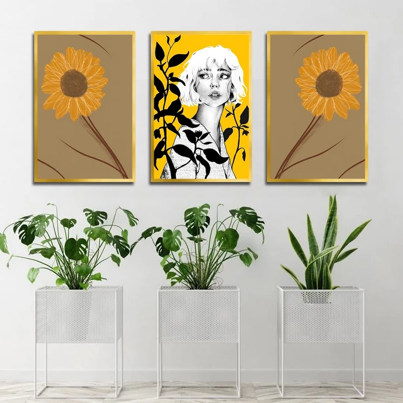 تابلو بکلیت طرح نقاشی مینیمال گل آفتابگردان مدل T-2307 مجموعه 3 عددی
