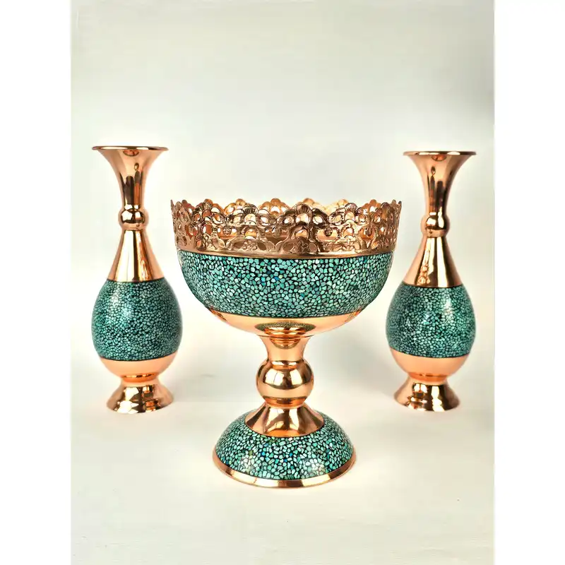 ست 3 تکه آجیل خوری و گلدان فیروزه کوبی مدل شیرازی کد ag20