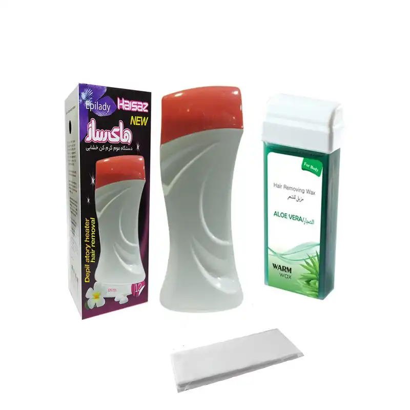 دستگاه موم گرم کن های ساز مدل 001 به همراه موم آلوئه ورا مدل 001 و پد اپیلاسیون 001 بسته 10 عددی