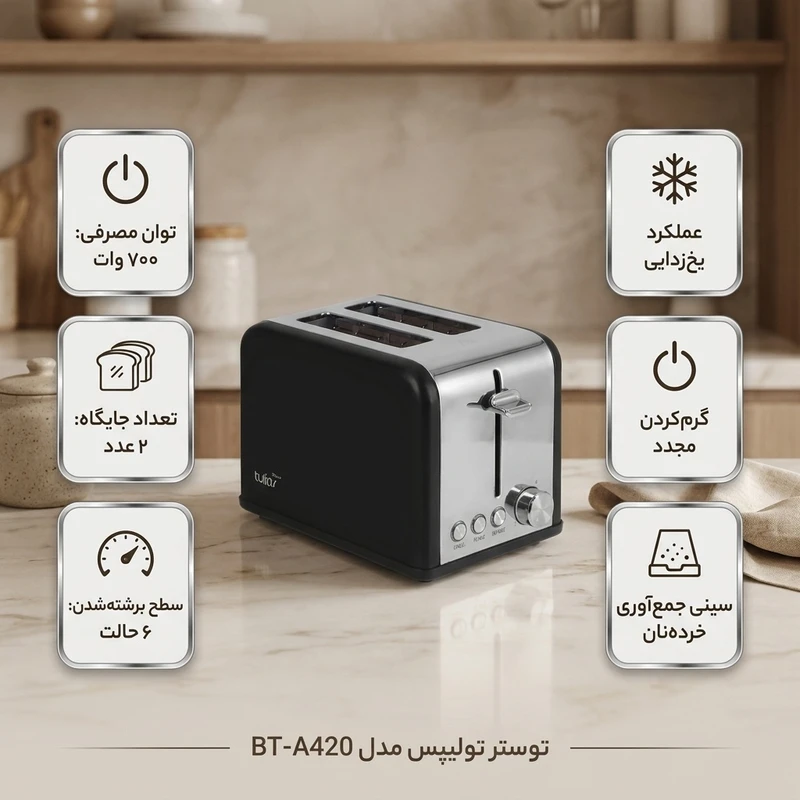 عکس شماره 3 : توستر 2 اسلایس تولیپس مدل bt-a420
