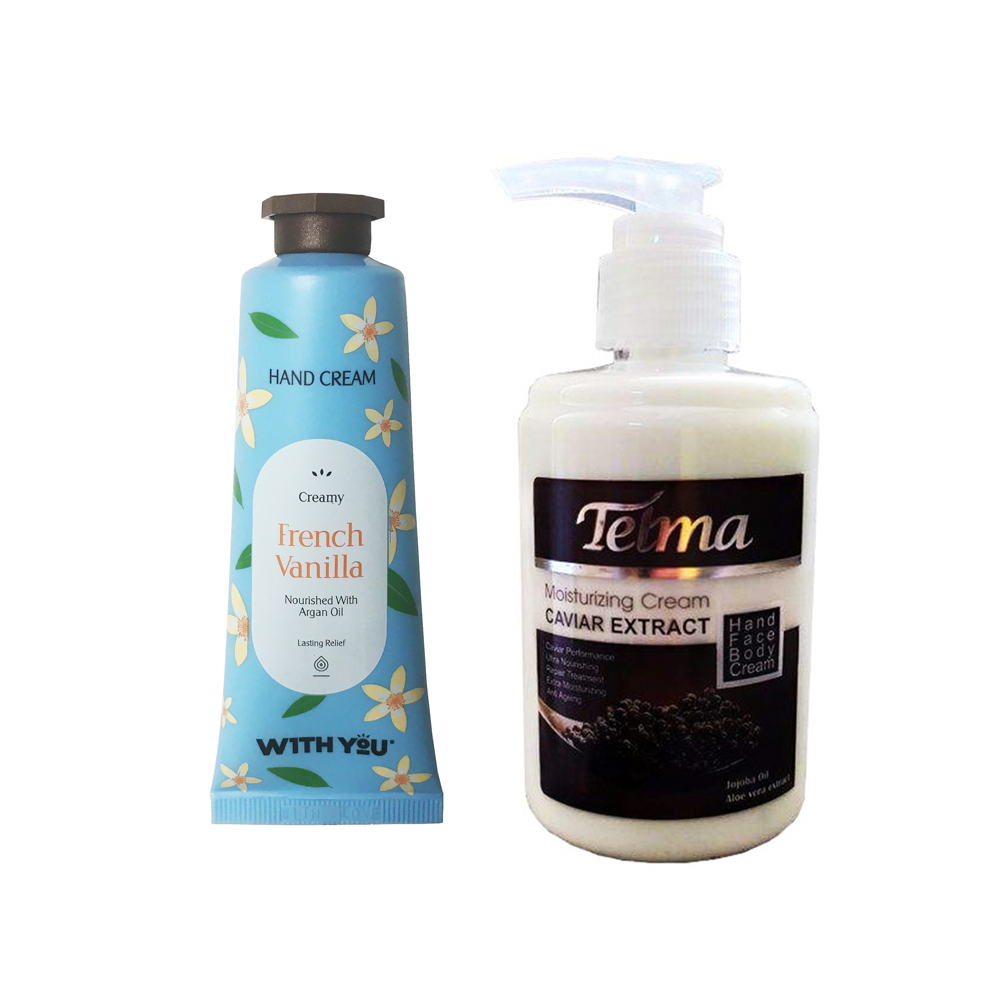 کرم آبرسان و مرطوب کننده تلما مدل خاویار حجم 200 میلی لیتر به همراه کرم مرطوب کننده ویت یو مدل French Vanilla حجم 50 میلی لیتر 