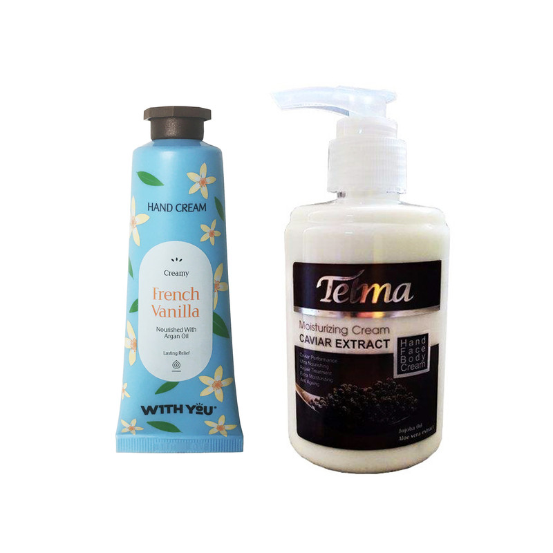کرم آبرسان و مرطوب کننده تلما مدل خاویار حجم 200 میلی لیتر به همراه کرم مرطوب کننده ویت یو مدل French Vanilla حجم 50 میلی لیتر 