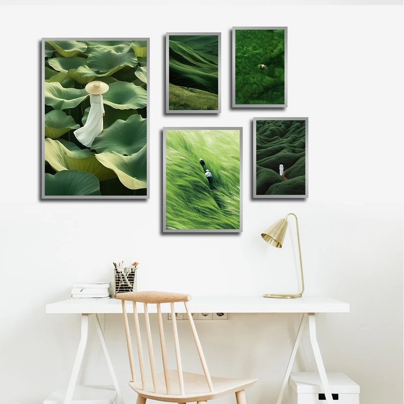 تابلو بکلیت طرح طبیعت و دشت مدل SI-3494 فریم نقره ای مجموعه 5 عددی