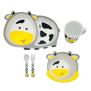 سرویس غذاخوری 5 تکه کودک مدل فیبر بامبو طرح گاو کوچولو