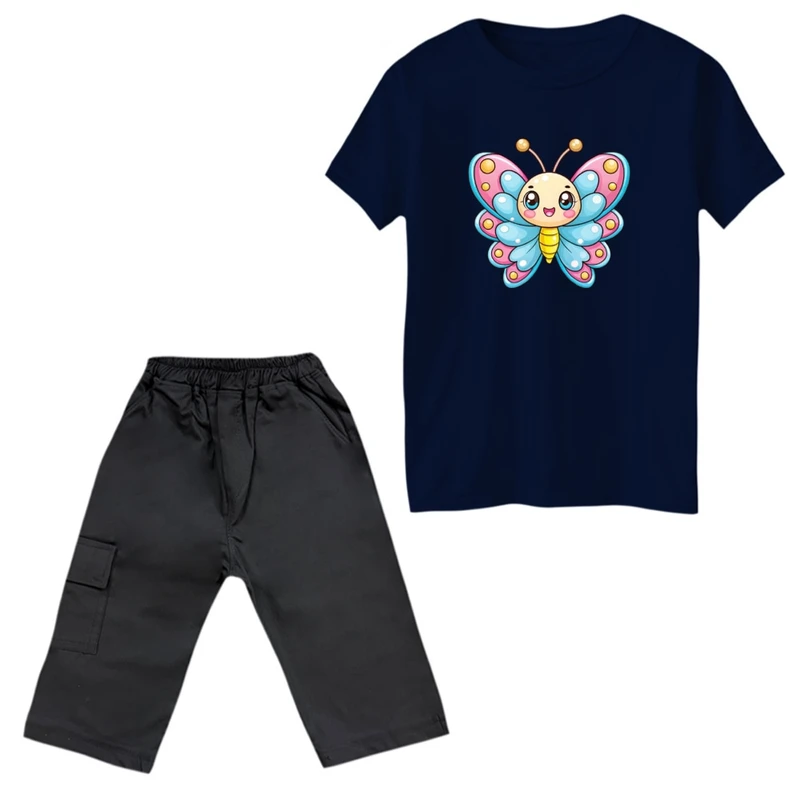 ست تی‌شرت و شلوارک دخترانه مدل پروانه رنگ سرمه ای