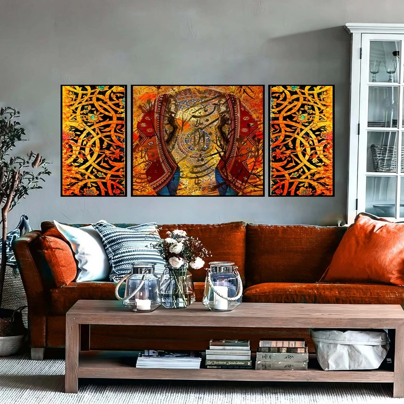 تابلو ساده بکلیت طرح مدرن دیجیتال آرت مدل شاین اکلیلی B-2899 فریم مشکی مجموعه 3 عددی