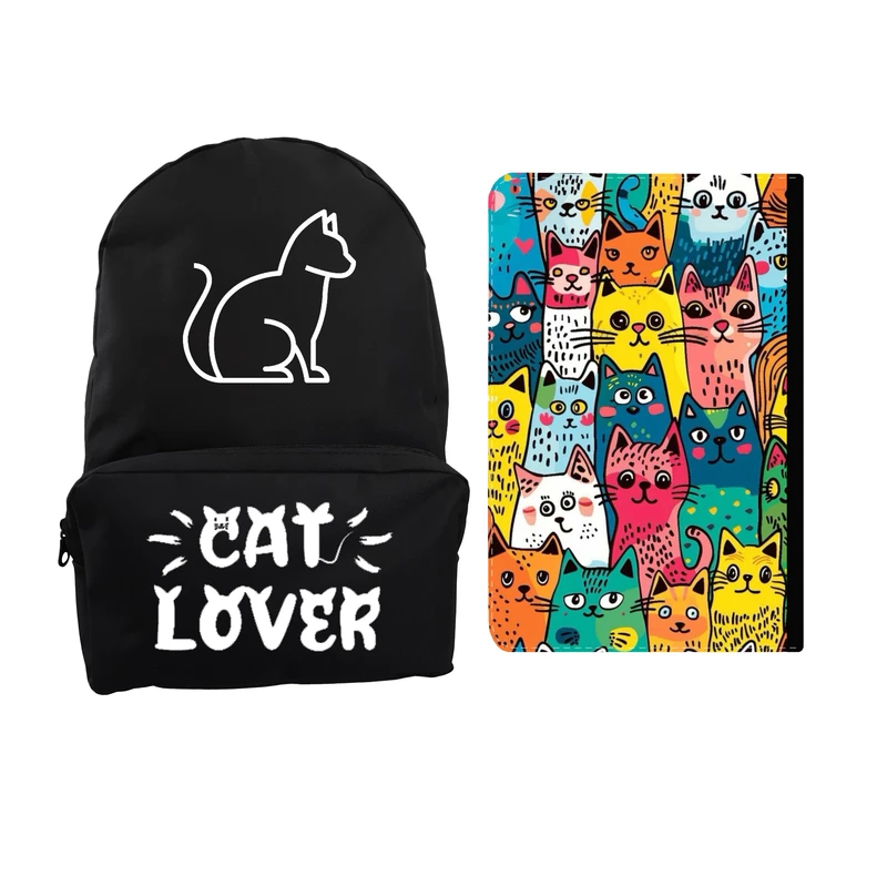 کوله پشتی مدرسه مدل گربه های رنگی کد 485 به همراه کلاسور