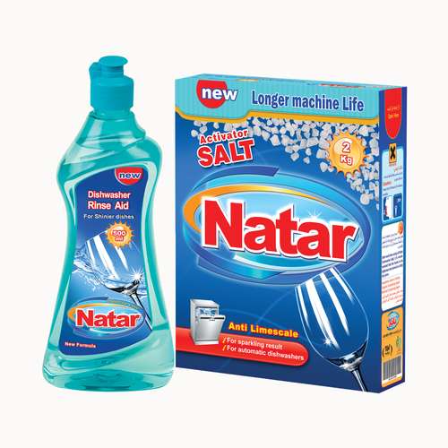نمک ماشین ظرفشویی ناتار مدل اکتیو شده وزن 2 کیلوگرم و مایع براق کننده ماشین ظرفشویی ناتار کد 01 حجم 500 میلی لیتر