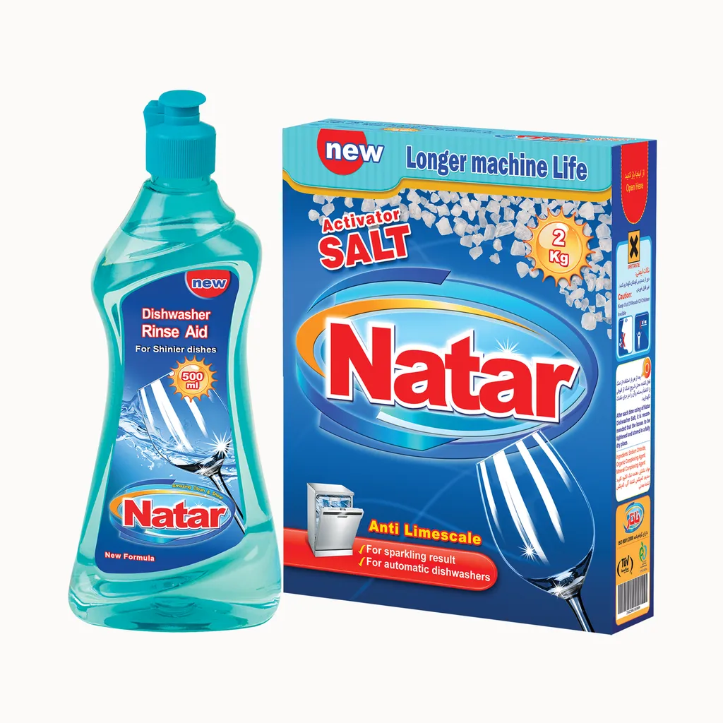 نمک ماشین ظرفشویی ناتار مدل اکتیو شده وزن 2 کیلوگرم و مایع براق کننده ماشین ظرفشویی ناتار کد 01 حجم 500 میلی لیتر
