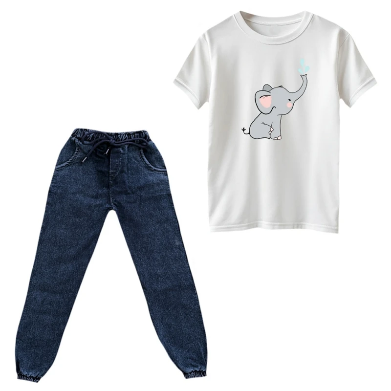 ست تی‌شرت و شلوار دخترانه مدل فیل کد ۲۰ رنگ سفید