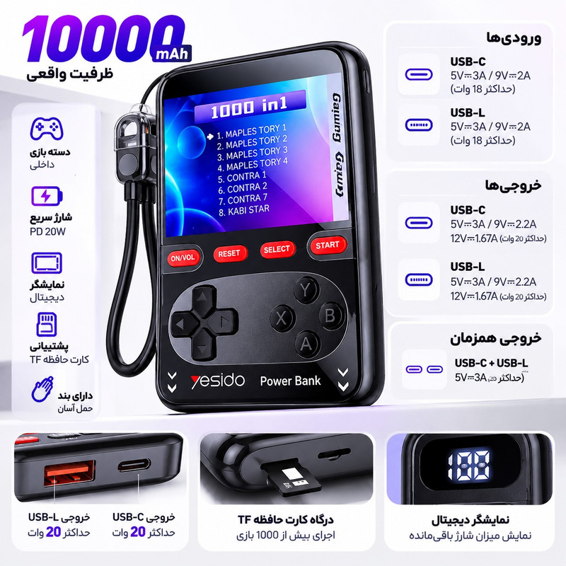 خرید و قیمت پاوربانک 20 وات یسیدو مدل YP87 ظرفیت 10000 میلیآمپرساعت