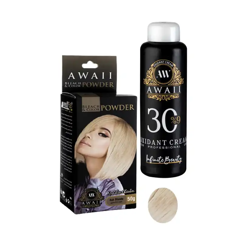 پودر دکلره آوایی مدل کراتین وزن 50 گرم رنگ بلوند خاکستری به همراه اکسیدان آوایی مدل 30vol نه درصدی حجم 180 میلی لیتر