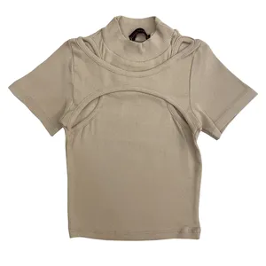 کراپ‌تاپ آستین کوتاه زنانه مدل کبریتی کد 9-30 رنگ کرم