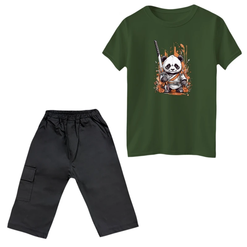 ست تی‌شرت و شلوارک پسرانه مدل پاندا و شمشیر کد 2