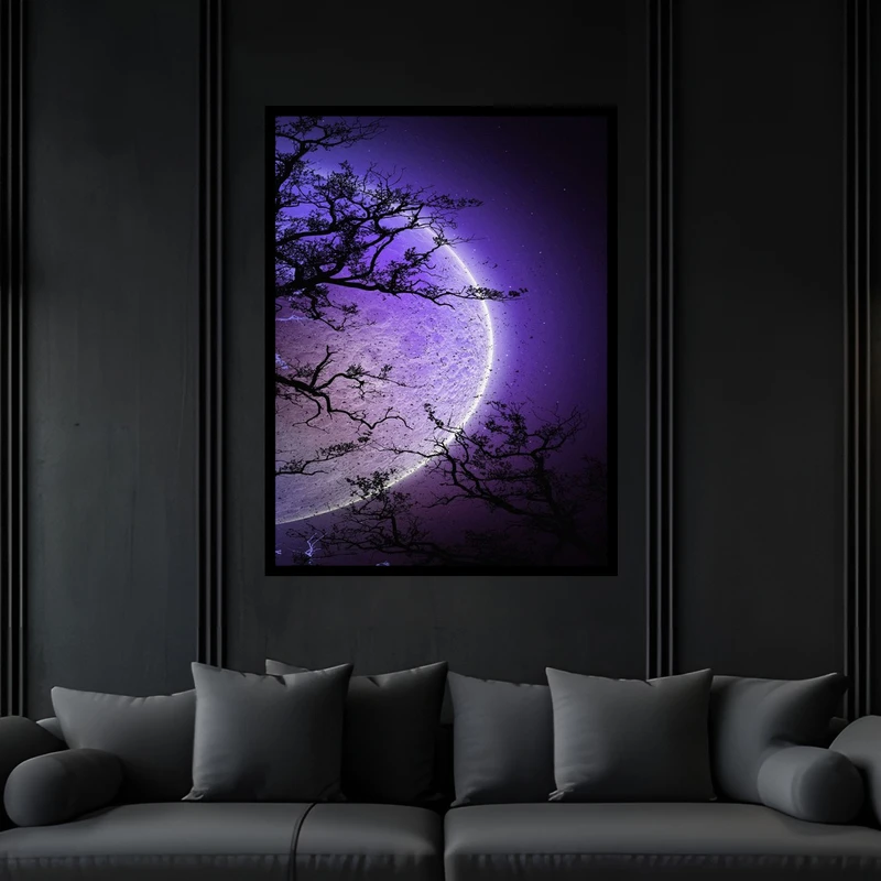 تابلو بکلیت طرح هنری دکوراتیو آسمان شب و کره ماه مدل B-bu6379 فریم مشکی