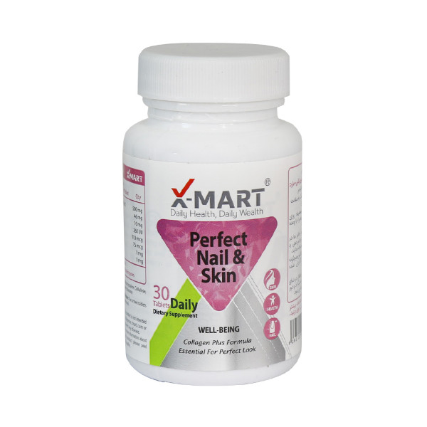مکمل تقویت پوست، مو و ناخن ایکس مارت مدل Perfect Nail & Skin با 500 میلی‌گرم کلاژن هیدرولیز شده، حاوی بیوتین، ویتامین C، D3 و زینک، فرموله شده در سوئیس، بسته 30 عددی