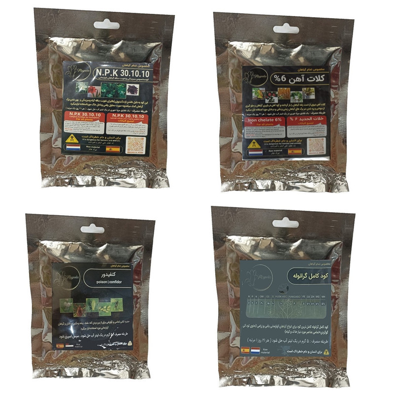 کود سبزینگی و تقویت ساقه 10-10-30 و کود کامل گرانوله و کلات آهن و کنفیدور مدل raw material وزن 200 گرم