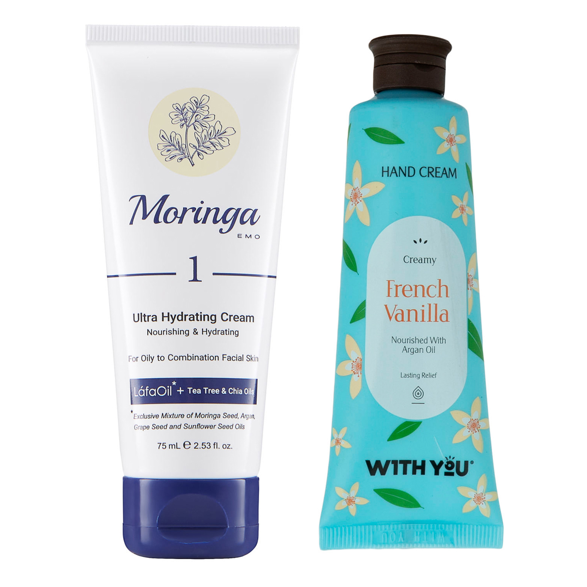 کرم آبرسان مورینگا امو مدل Tee tree حجم 75 میلی لیتر به همراه کرم مرطوب کننده ویت یو مدل French Vanilla حجم 50 میلی لیتر