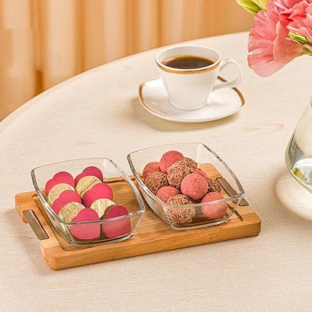 اردوخوری شیشه‌ای لیمون مدل پایه چوبی، مجموعه 3 عددی مستطیل با ابعاد 22×14×5 سانتی‌متر، شست‌وشو با دست