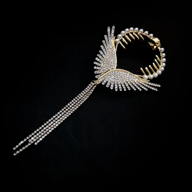 گیره مو زنانه مدل آبشاری گوجه ای طرح بال فرشته آویز دار