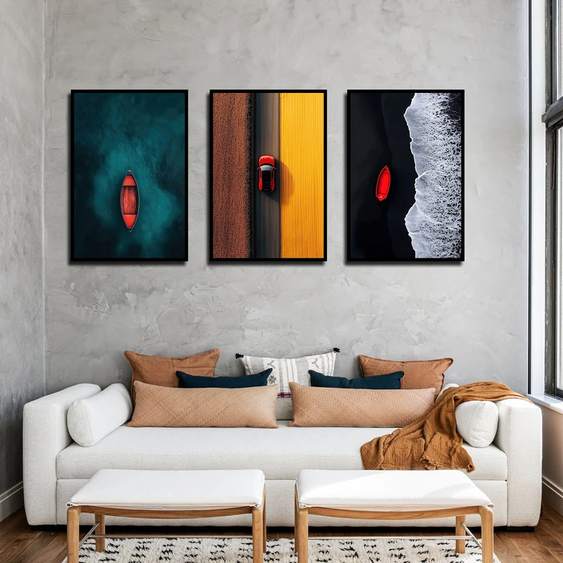 تابلو بکلیت طرح دریا و قایق مدل B-3369 فریم مشکی مجموعه 3 عددی