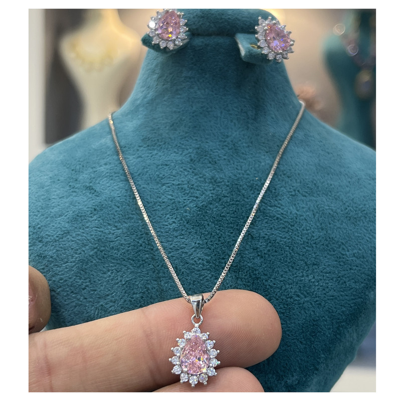 نیم ست نقره زنانه مدل سوپر لوکس جواهری مزین به نگین طرح رز کوارتز