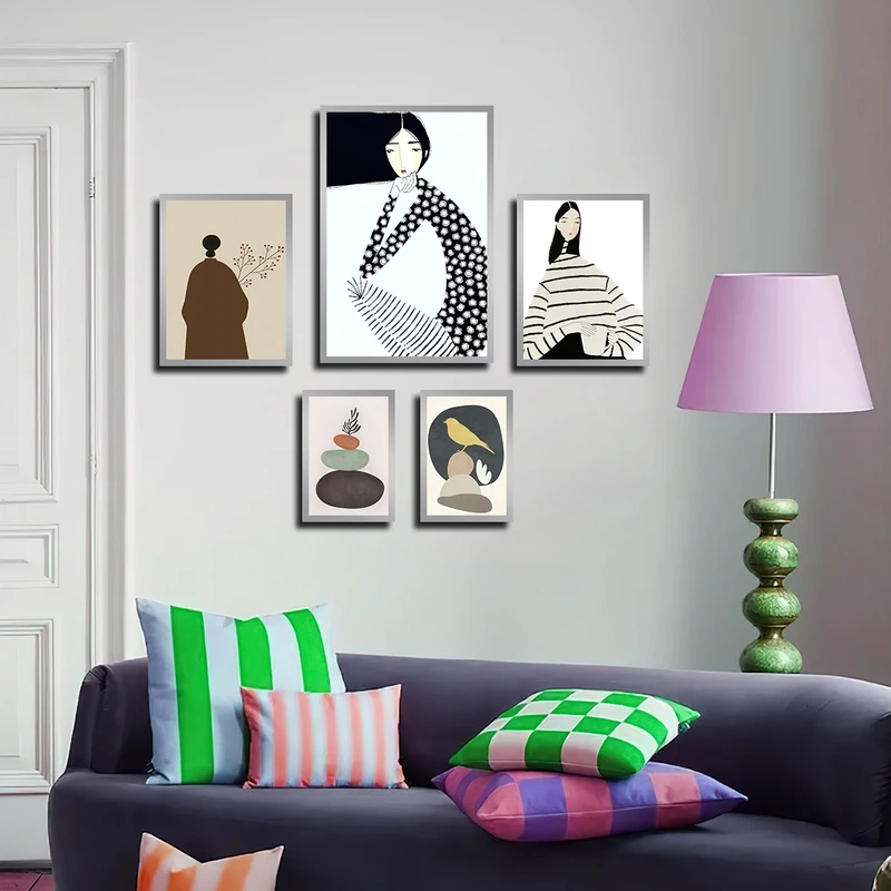 تابلو بکلیت طرح نقاشی ترکیبی مینیمال و کوبیسم مدل SI-3732 فریم نقره ای مجموعه 5 عددی