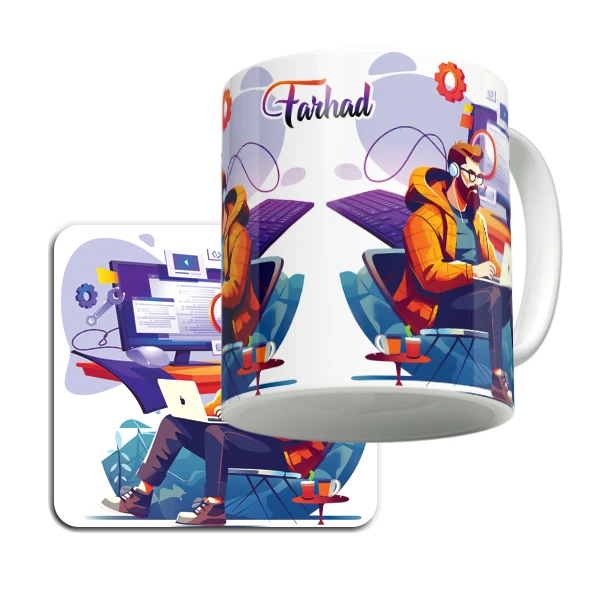 ماگ لاژید مدل اسم فرهاد طرح مهندس کامپیوتر به همراه زیر لیوانی