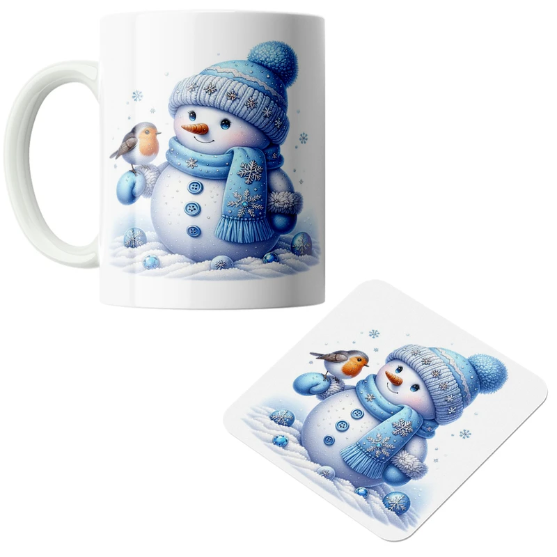 ماگ پاد آفرین مدل آدم برفی و گنجشک کد DKC646 به همراه زیر لیوانی