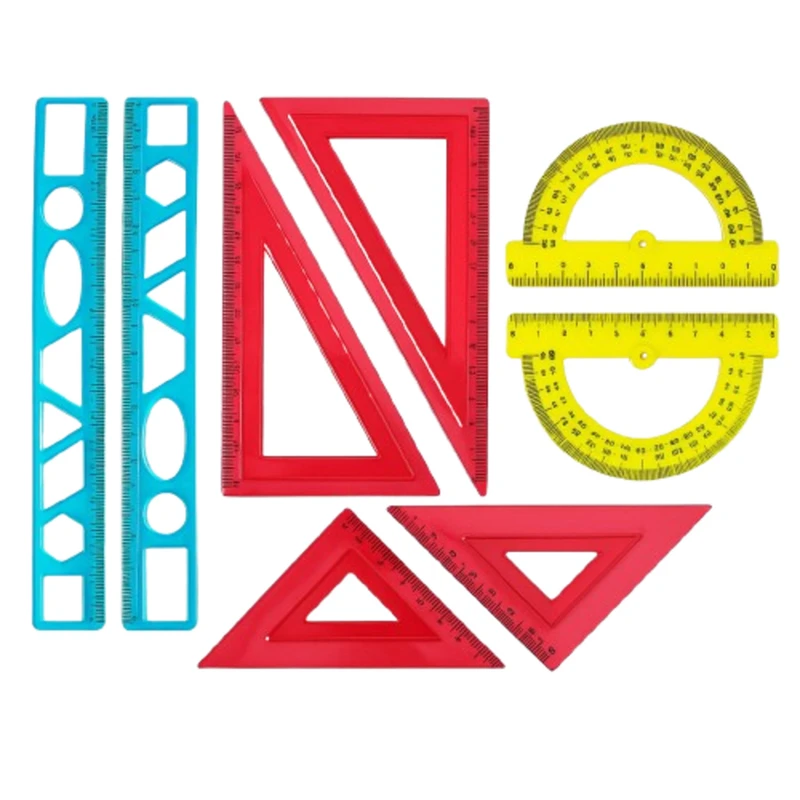 خط‌کش ۲۰ سانتی متری مدل ژله ای شابلون دار به همراه نقاله و گونیا بسته ۸ عددی