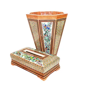 ست جعبه دستمال کاغذی و سطل خاتم کاری مدل نقاشی برجسته کد Gr21sim