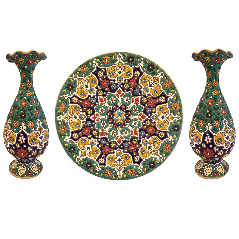 ست 3 تکه گلدان و بشقاب میناکاری کد ZMN-31