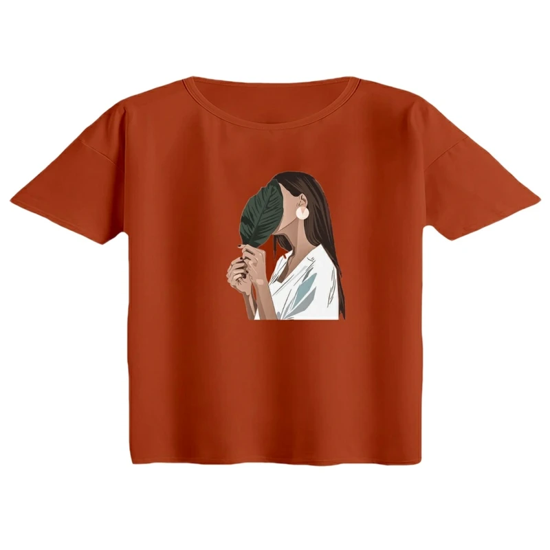 کراپ تی‌شرت آستین کوتاه زنانه مدل برگ و دختر