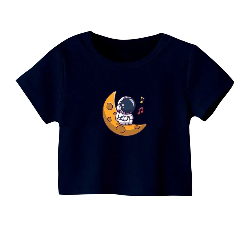کراپ‌ تی‌شرت آستین کوتاه زنانه مدل فضانورد و ماه کد۲