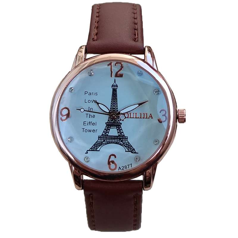 ساعت مچی عقربه ای دخترانه مدل بند چرمی طرح ایفل کد 01